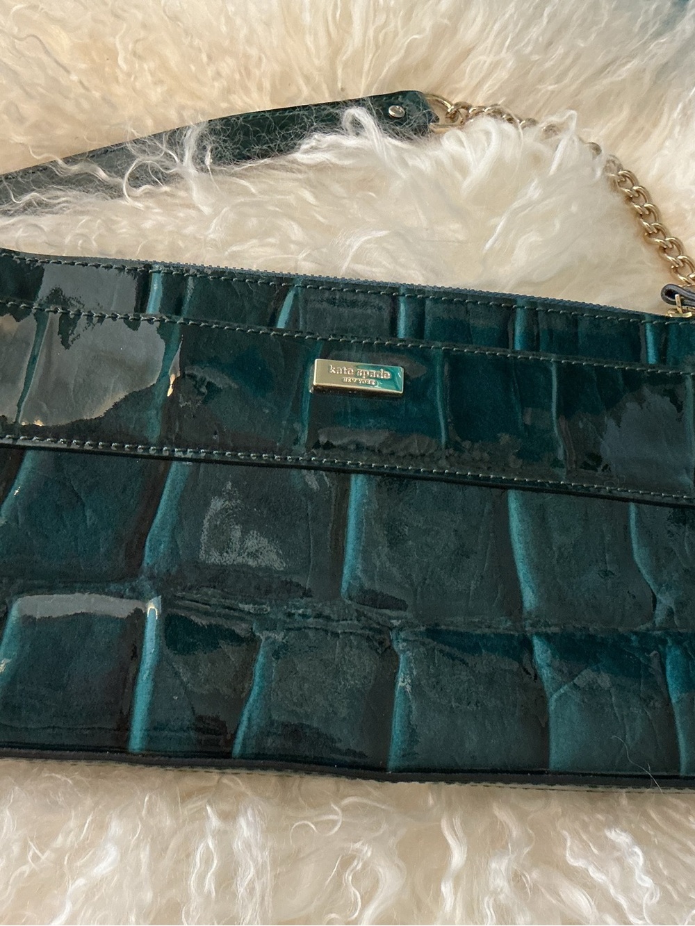 kate spade Croc-Embossed Patent Leather Teal Shoulder Bag with Gold Chain